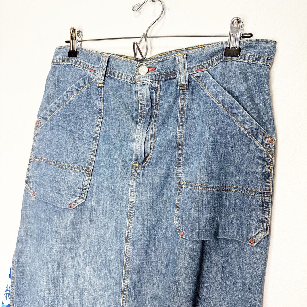 Vintage 90s Lucky Brand Reworked Denim Maxi Skirt Hawaiian Hibiscus Upcycled - Picture 5 of 8
